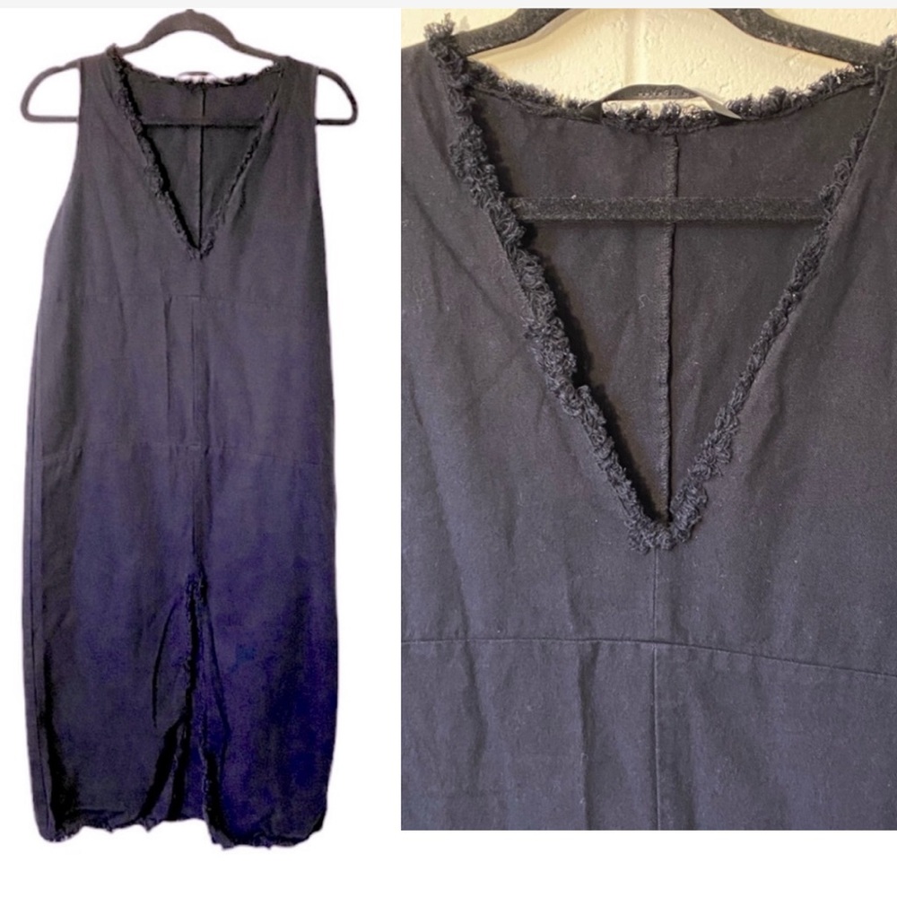 Zara Dress Size Medium Black V-Neck Fringed Hemline Front Slit Boho Midi Maxi